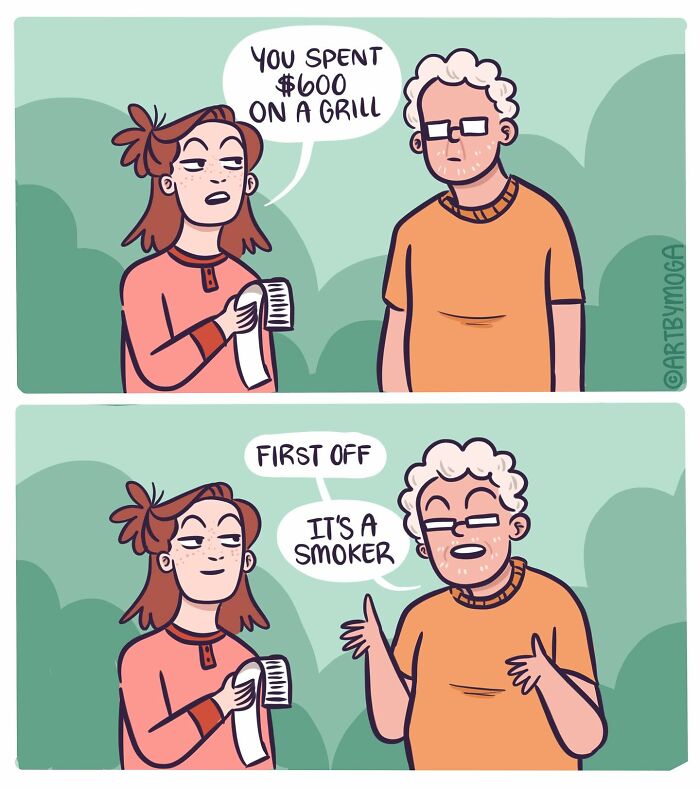 Couple humorously discussing the cost of a grill in a comic about relationships and everyday chaos.