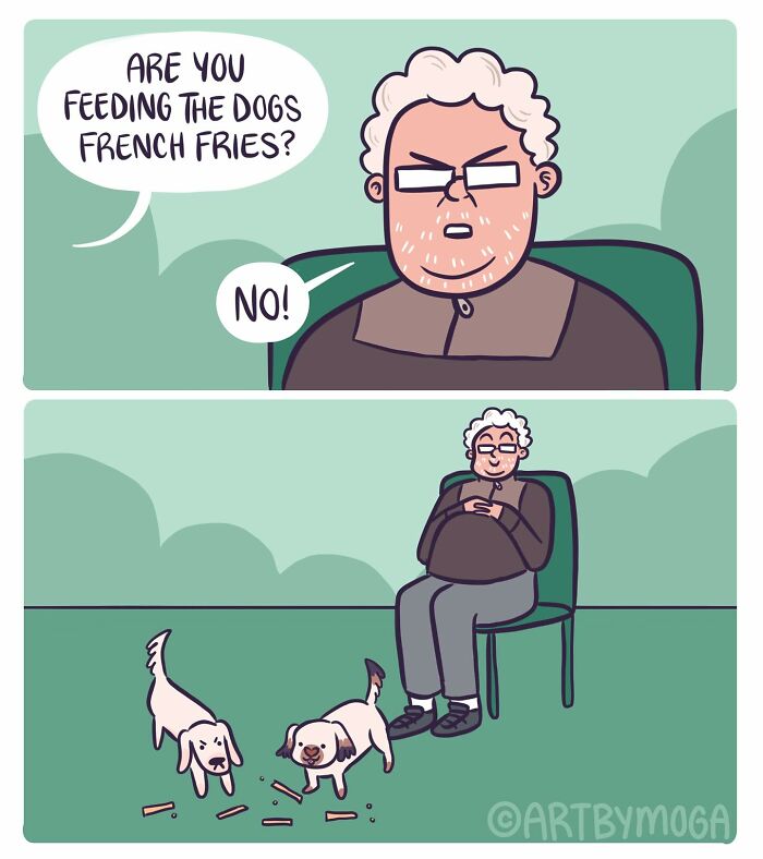 Cartoon showing a person denying feeding dogs fries while dogs happily eat fries on the floor, pet relationship humor.