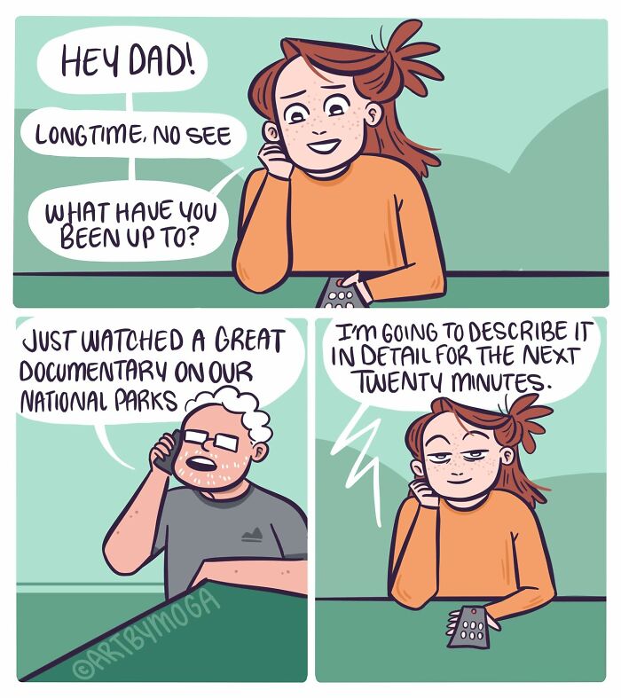 Young woman and older man talking on phones in a comic about pets, relationships, and everyday chaos.
