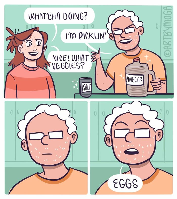 Cartoon comic about everyday chaos featuring a couple discussing pickling eggs in a kitchen setting.