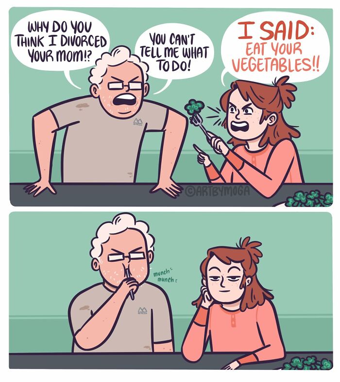 Comic panels showing a heated argument between a man and woman, highlighting relationship chaos and everyday pet themes.