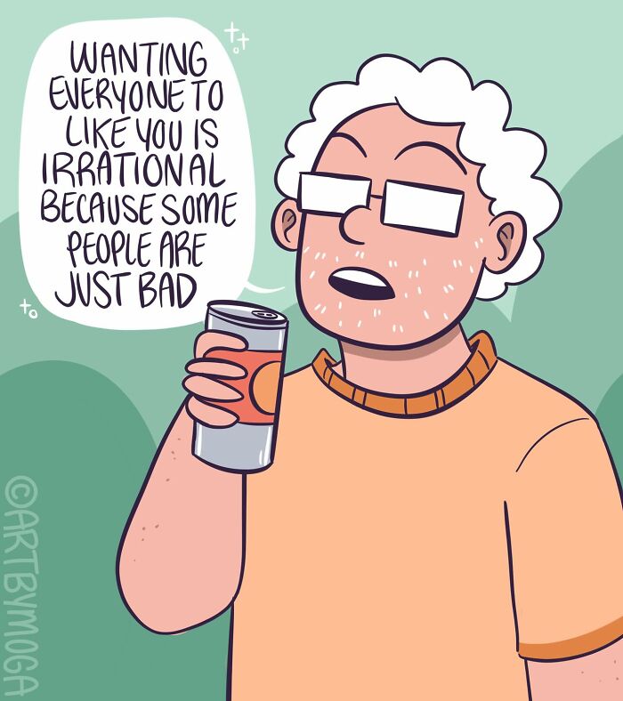Cartoon man with white hair and glasses holding a drink, sharing a comic thought about relationships and everyday chaos.