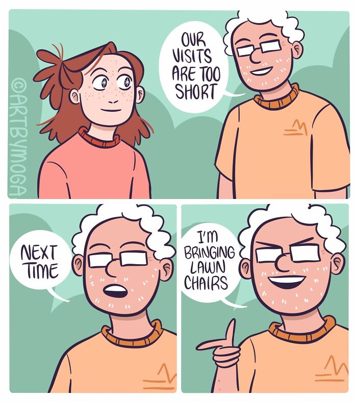 Comic panels showing a conversation about visits, highlighting everyday chaos and relationship humor in a colorful cartoon style.