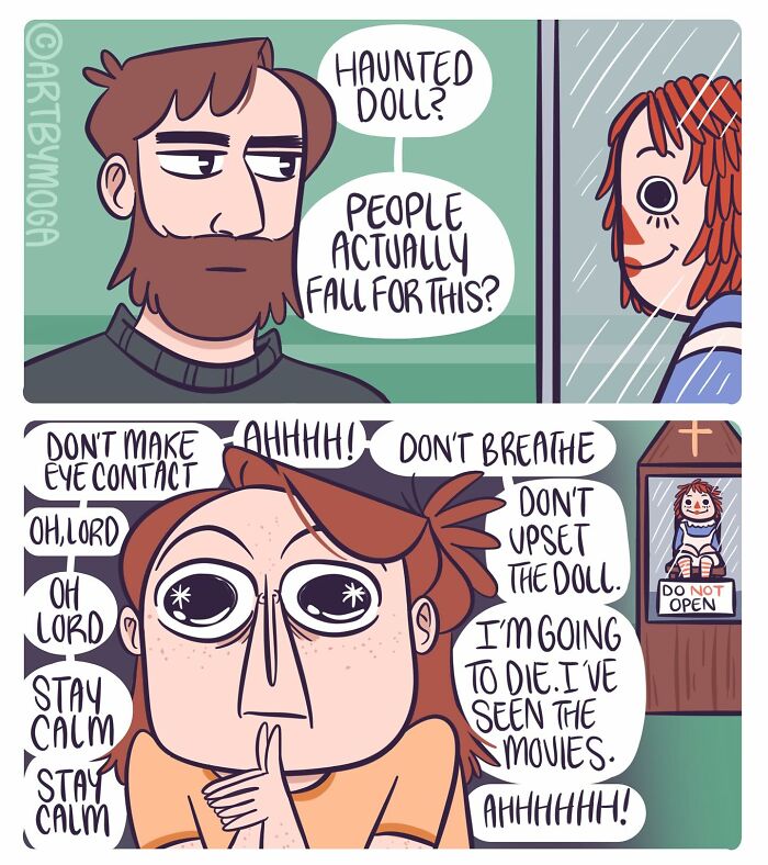 Comic panel showing a person nervously reacting to a haunted doll, capturing everyday chaos and relationship humor with pets.