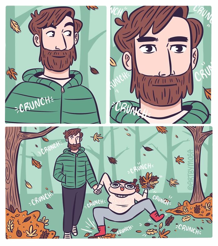Comic panels showing a bearded man and a joyful woman stomping through crunchy autumn leaves in a humorous everyday chaos scene.