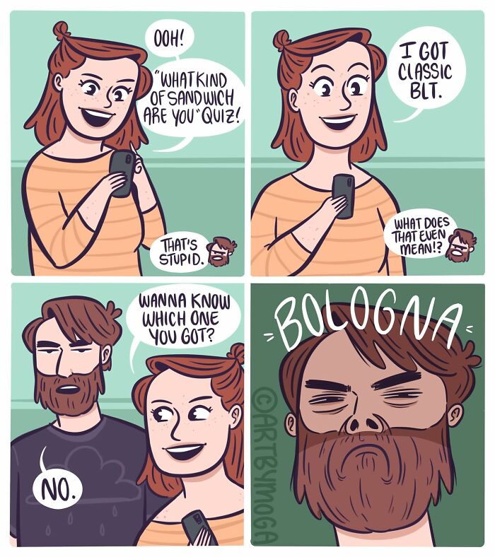 Comic strip showing a woman and man interacting with a funny quiz about sandwiches, highlighting everyday chaos in relationships.