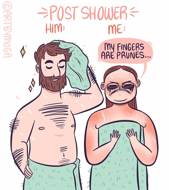 Comic showing a post-shower contrast between a relaxed man and a woman noticing her pruned fingers in a relationship setting.