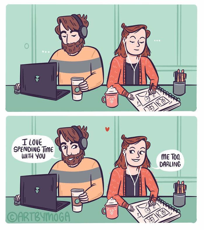 Couple sharing a quiet moment with coffee and drawing in a comic about pets, relationships, and everyday chaos.