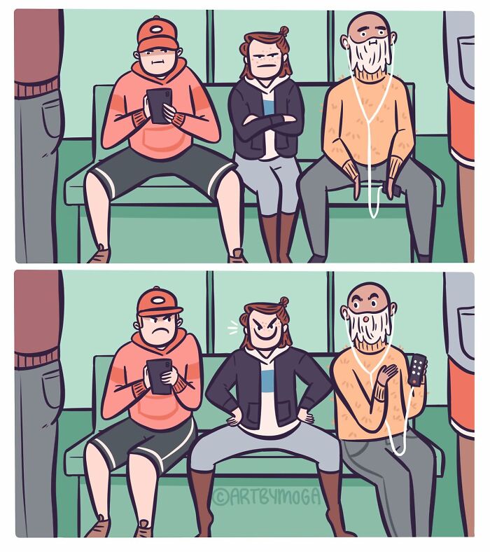 Two-panel comic showing characters in a relationship causing everyday chaos on public transport, highlighting pets and relationships.