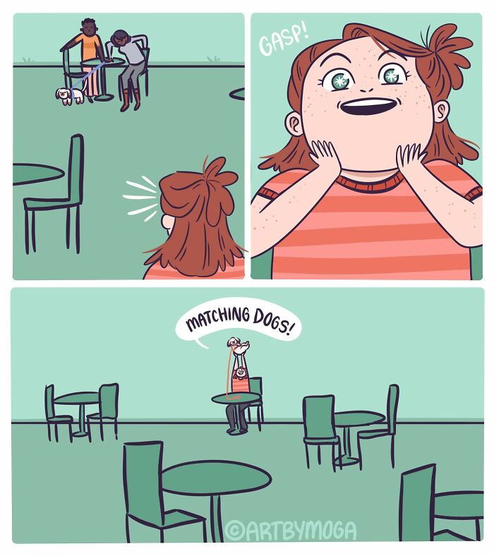 Young person excitedly observing matching dogs at a park in a comic about pets and everyday chaos.