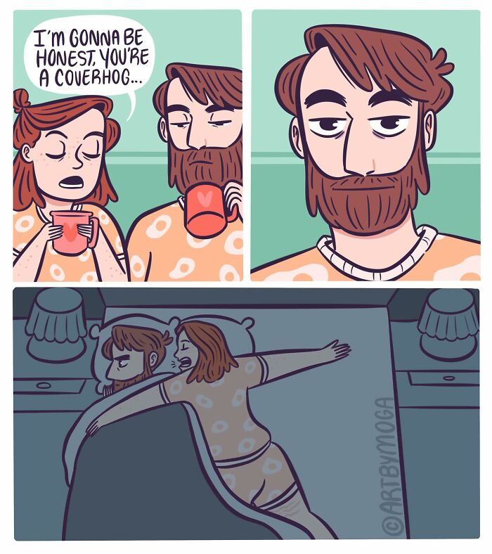 Couple sharing a humorous moment in a comic about relationships, pets, and everyday chaos with cozy, relatable scenes.