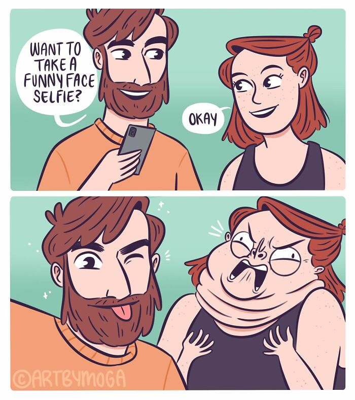 Couple taking funny face selfies in a comic style, highlighting humor in relationships and everyday chaos moments.