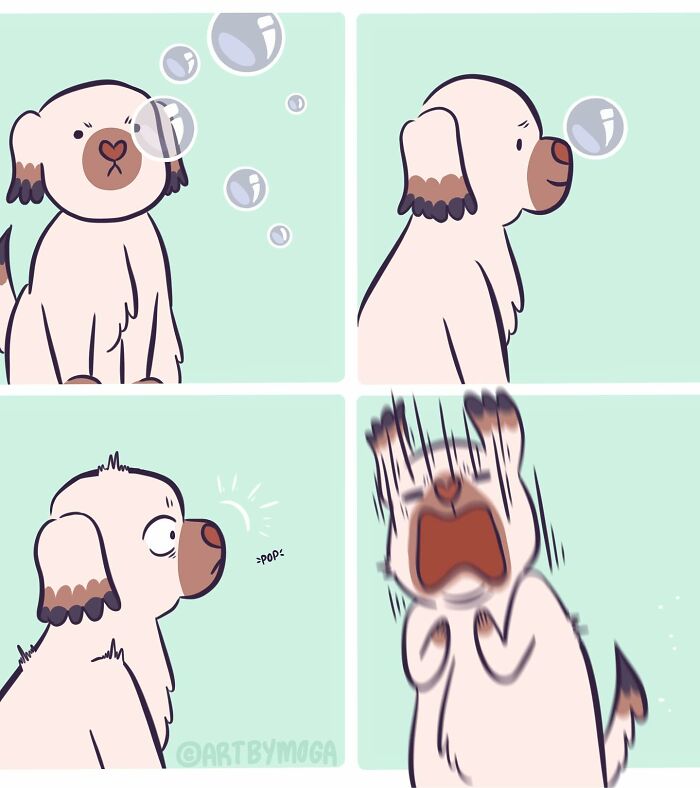 Cute dog cartoon reacting to bubbles popping, illustrating pets and everyday chaos in a humorous comic style.