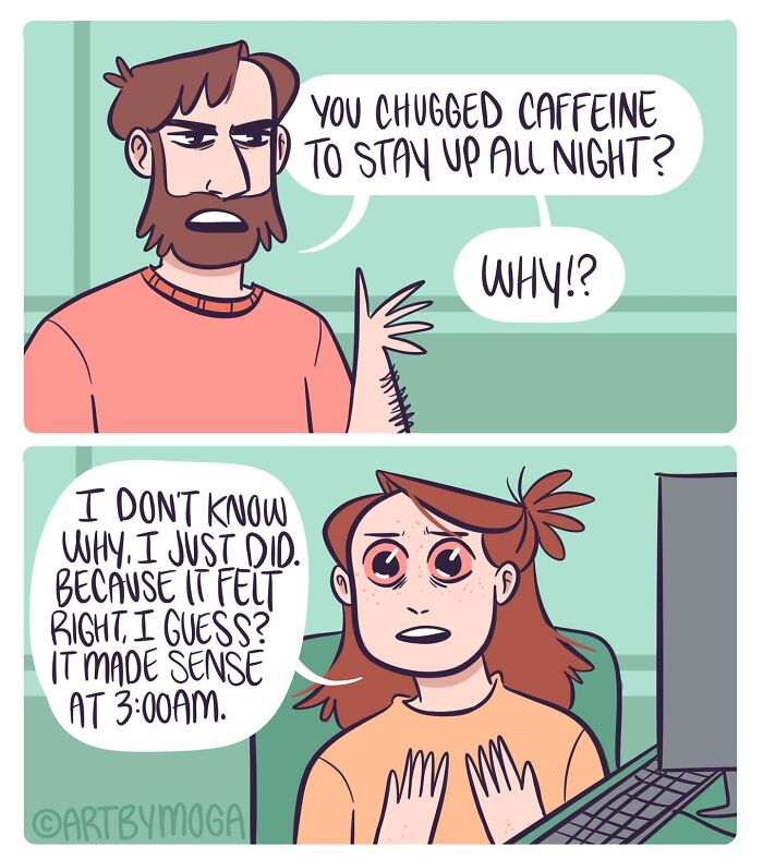 Comic strip showing a tired woman explaining caffeine use late at night, highlighting pets and everyday chaos themes.