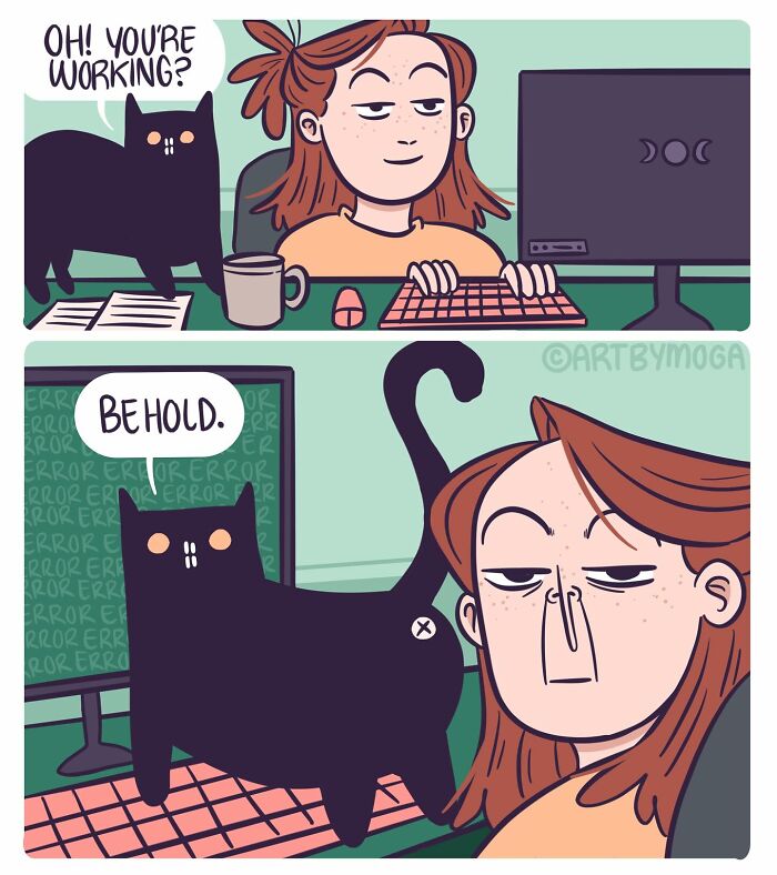 Comic shows a woman working at a computer as her cat interrupts, humorously causing everyday chaos in pet and relationship life.