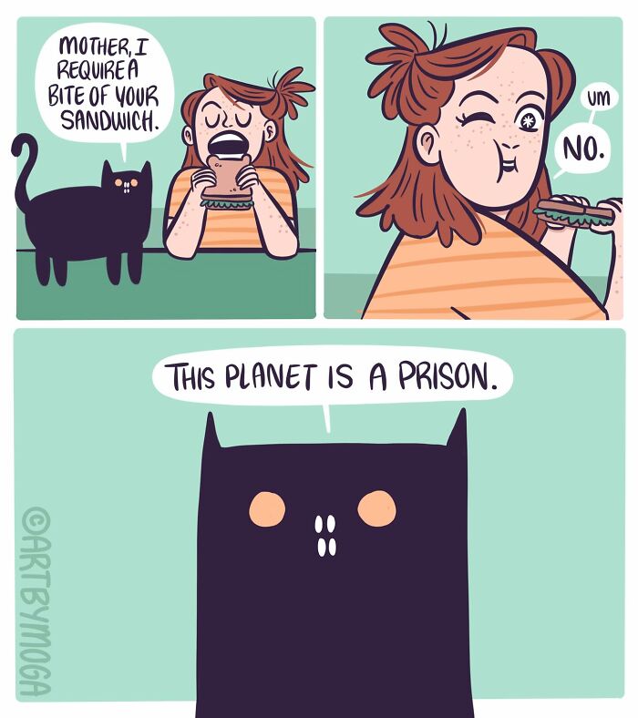 Comic strip showing a girl and her cat humorously depicting pets and everyday chaos in relationships.