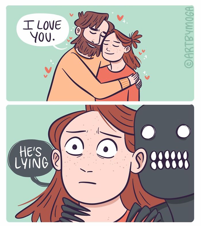 Comic panels showing a couple hugging with "I love you," and a woman with a shadow figure saying "He's lying" about relationships.