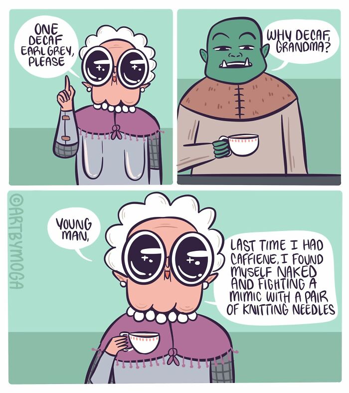Comic featuring an elderly woman and a green creature about caffeine and everyday chaos in relationships and pets.
