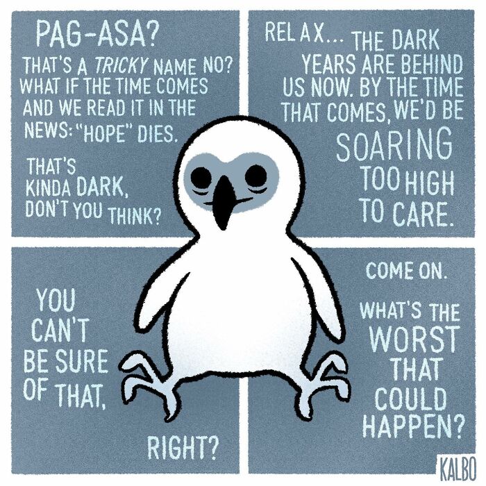Comic panel by Tarantadong Kalbo featuring a bird discussing hope, life, and humor with a nostalgic tone.