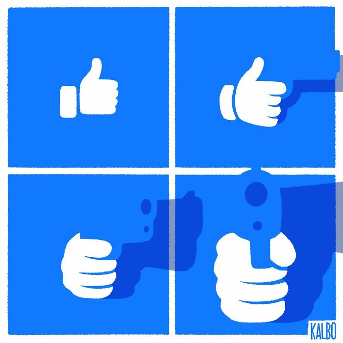 Illustration of social media thumbs-up icons transforming into gun shapes, a comic by Tarantadong Kalbo capturing humor and life.