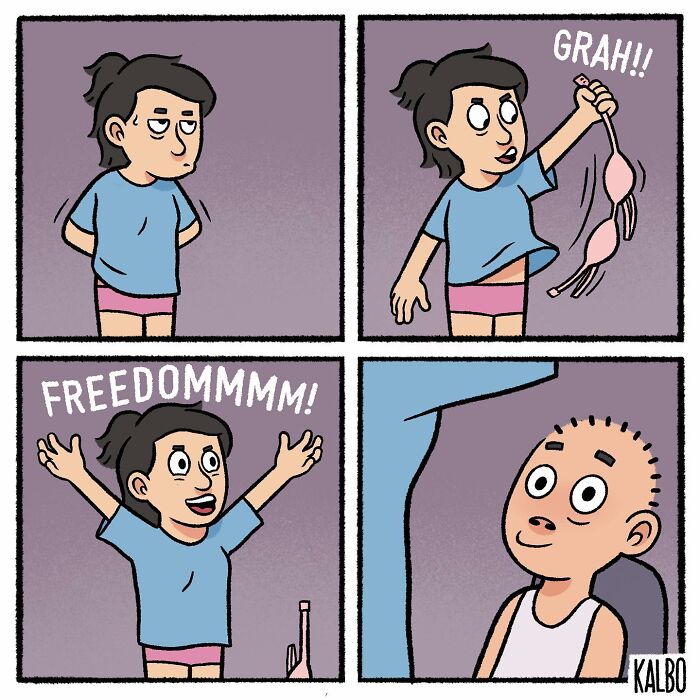 Comic by Tarantadong Kalbo showing a woman joyfully removing her bra, capturing humor and everyday life moments.