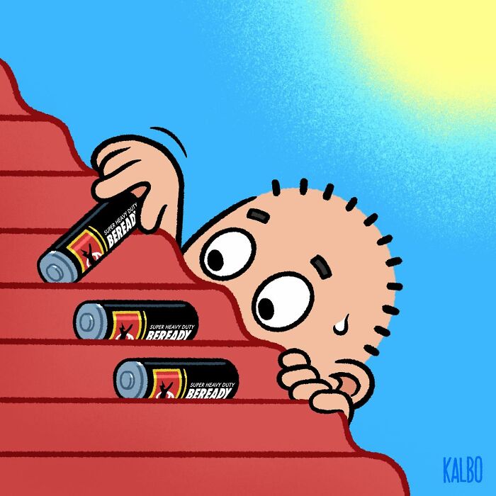 Cartoon character nervously placing batteries on red stairs under bright sunlight in a humor comic style.