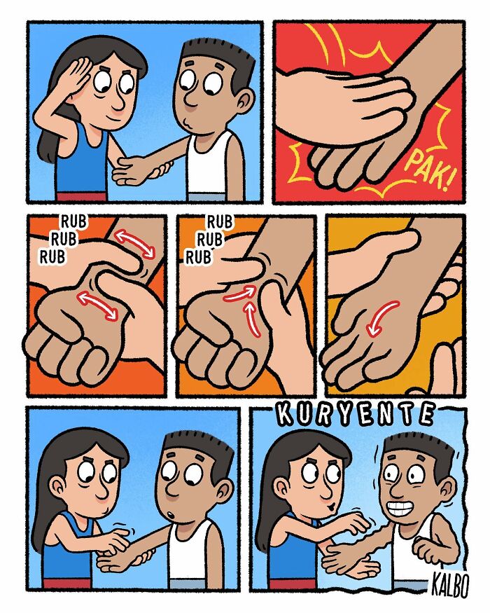 Comic by Tarantadong Kalbo showing two characters humorously interacting with hand gestures and expressions.