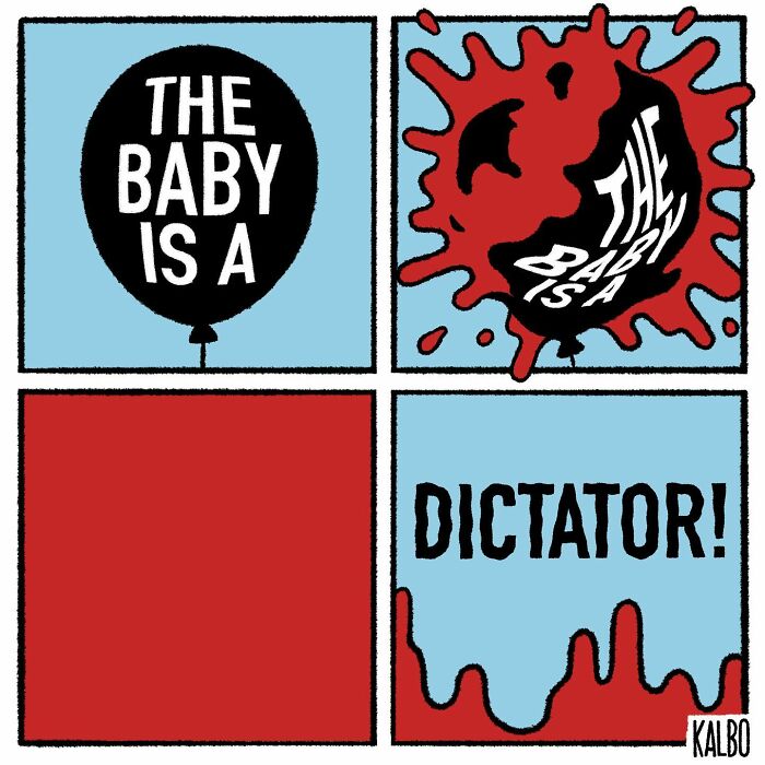Comic strip by Tarantadong Kalbo showing a balloon popping with the phrase the baby is a dictator in four panels.