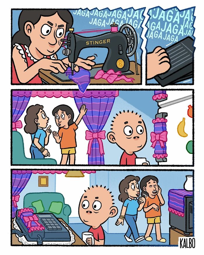 Comic panels showing everyday life and humor by Tarantadong Kalbo with characters interacting in a nostalgic home setting.