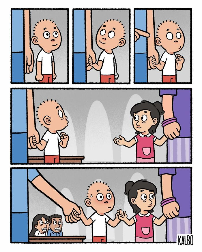 Comic strip by Tarantadong Kalbo showing a child holding hands, capturing humor and nostalgia in everyday life moments.