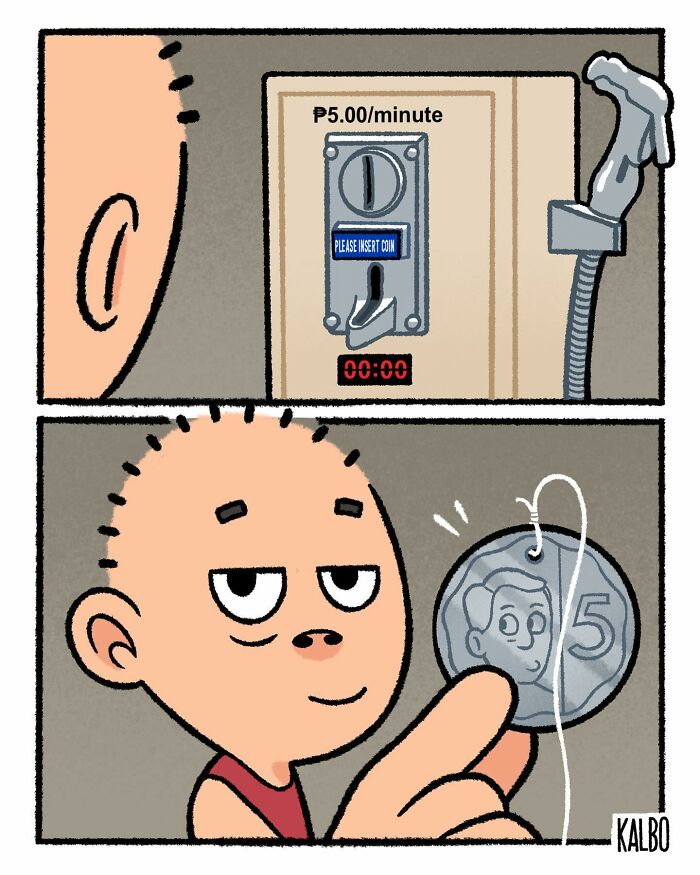 Comic by Tarantadong Kalbo showing a man inserting a coin into a pay-per-minute shower meter capturing humor and life moments.