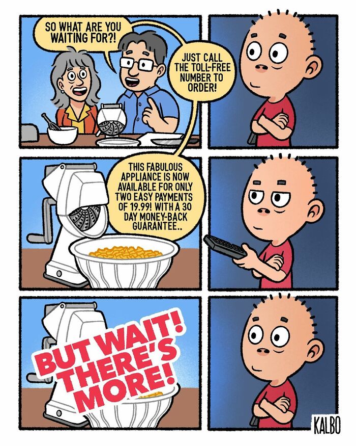 Comic strip by Tarantadong Kalbo humorously depicting a character watching an infomercial and reacting with curiosity and surprise.