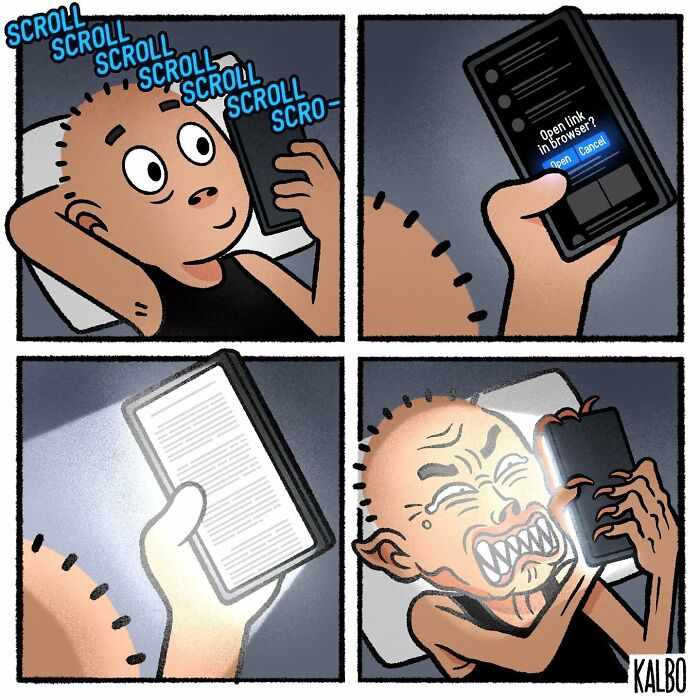 Comic by Tarantadong Kalbo showing a character scrolling on a phone, struggling with bright screen glare at night.