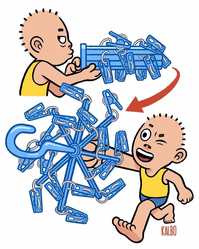 Comic illustration by Tarantadong Kalbo showing a humorous scene with a boy and a blue laundry hanger capturing life and humor.
