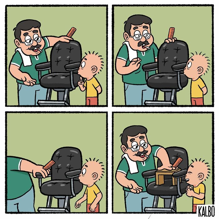 Comic by Tarantadong Kalbo showing a humorous barbershop scene capturing life and nostalgia with a child and barber.