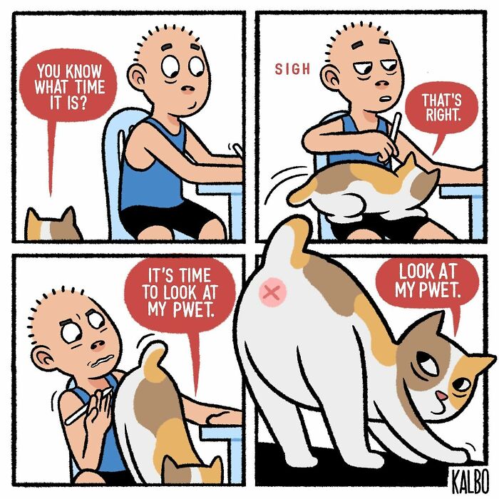 Comic strip by Tarantadong Kalbo showing humorous interaction between a boy and a cat highlighting life and nostalgia moments.