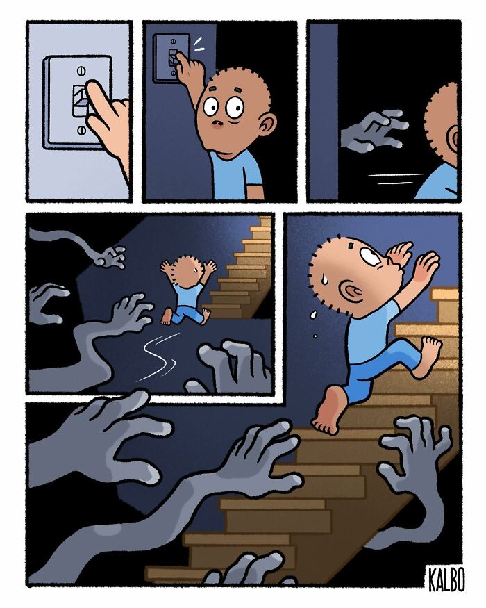 Comic strip by Tarantadong Kalbo showing a child turning off lights and escaping shadowy hands on the stairs.