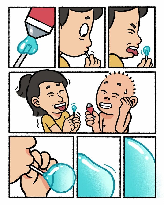 Comic strip by Tarantadong Kalbo showing kids blowing bubbles, capturing humor and nostalgia in daily life moments.