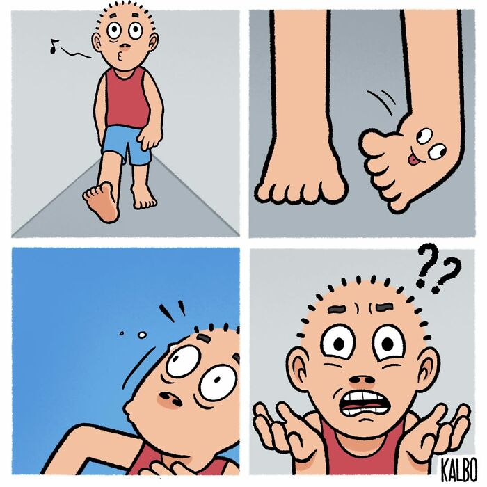 Comic by Tarantadong Kalbo showing a humorous interaction between a character and a walking toe capturing life and humor.