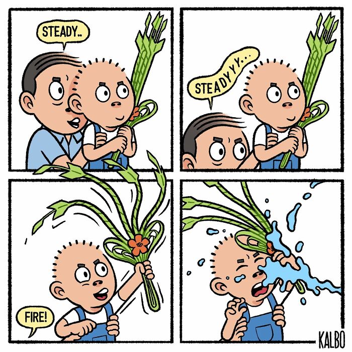 Comic strip by Tarantadong Kalbo showing a child aiming and accidentally splashing water, capturing humor and life moments.