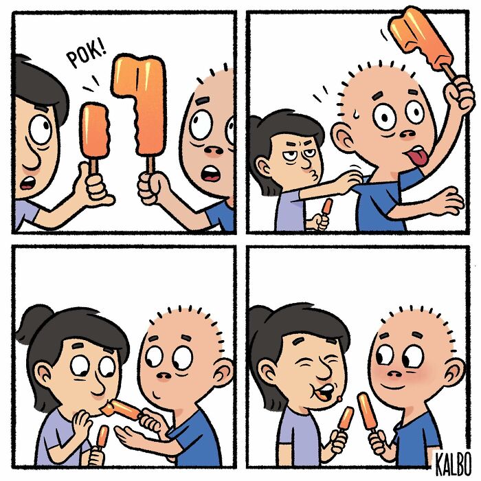 Comic panels by Tarantadong Kalbo showing humorous and nostalgic moments between two characters sharing ice pops.