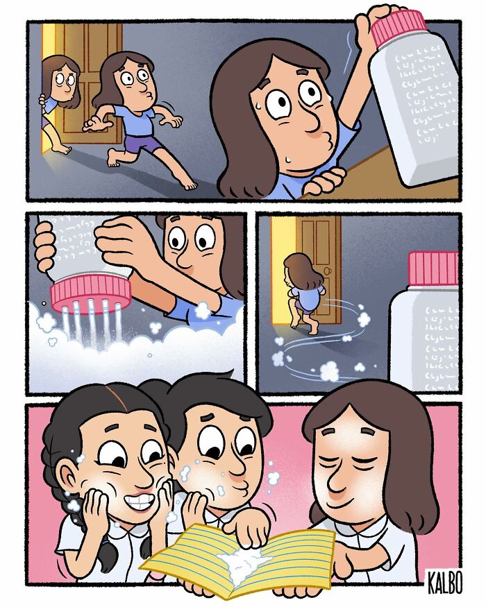 Comic strip by Tarantadong Kalbo showing kids using powdered soap creatively, capturing humor and nostalgia in daily life moments.