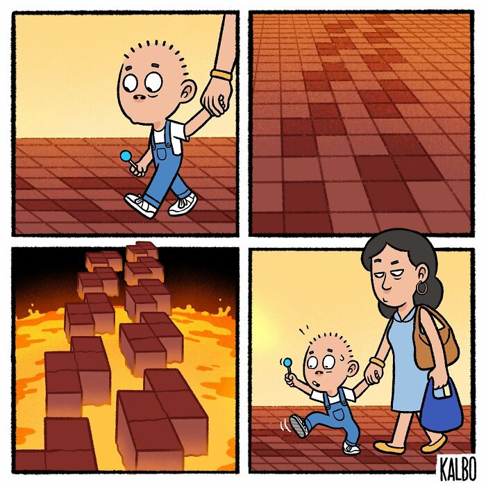 Comic panels by Tarantadong Kalbo showing a child holding an adult's hand while navigating life with humor and nostalgia.