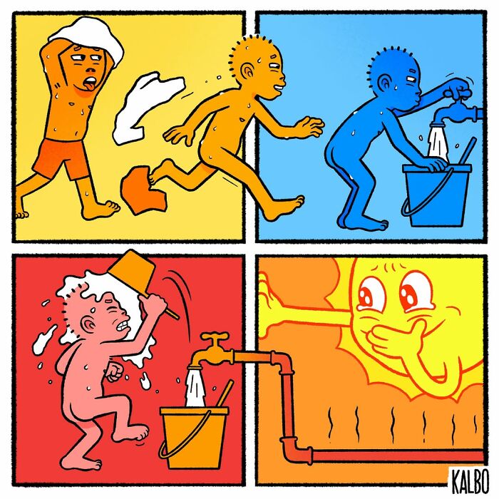 Colorful Tarantadong Kalbo comic panels showing a character bathing and humorously reacting to hot water in everyday life.