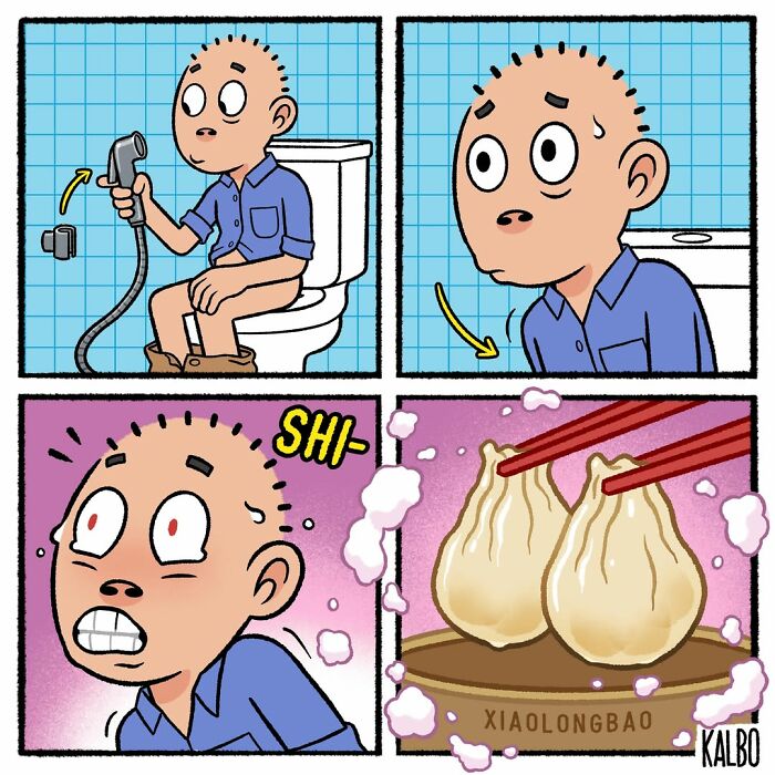Comic strip by Tarantadong Kalbo showing a man surprised by steaming xiaolongbao dumplings, blending humor and nostalgia.