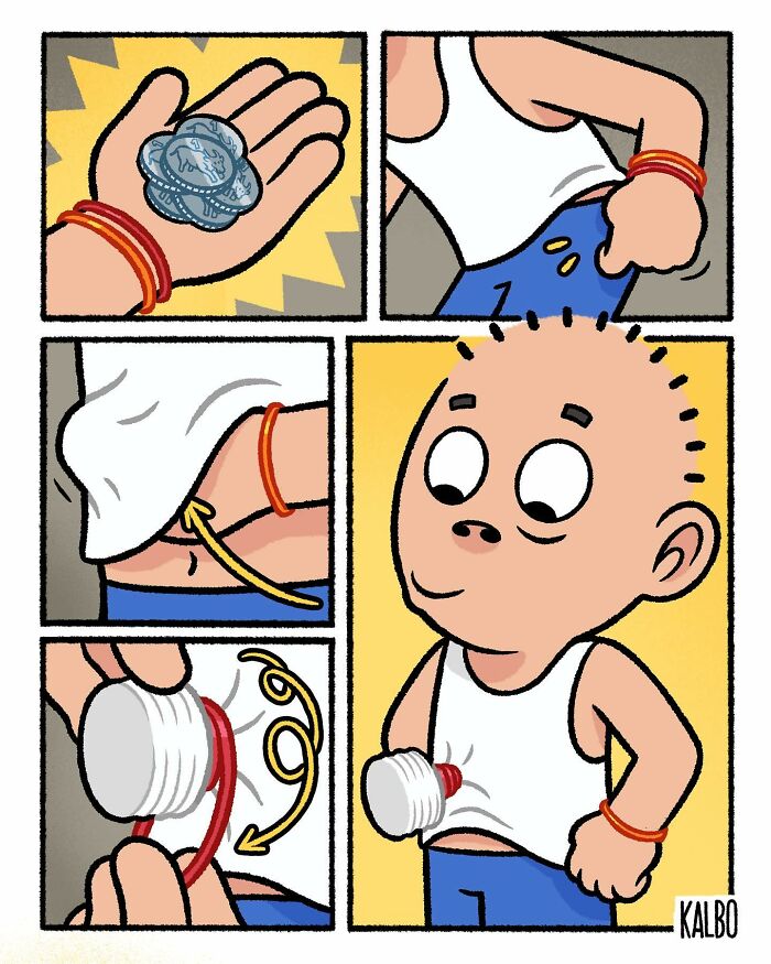 Comic by Tarantadong Kalbo showing a humorous life moment using coins and a shirt to create a funny cup effect.
