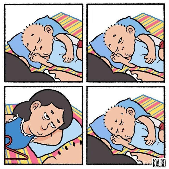 Comic panels by Tarantadong Kalbo showing a child and adult resting, capturing life moments with humor and nostalgia.