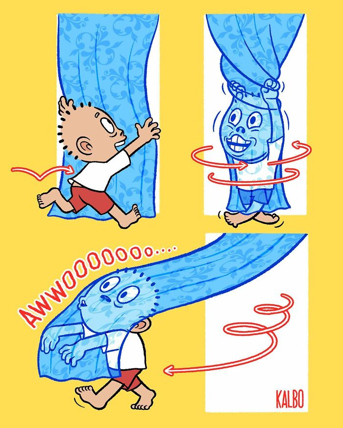 Comic by Tarantadong Kalbo showing a child playing with a curtain, capturing humor and nostalgic childhood moments
