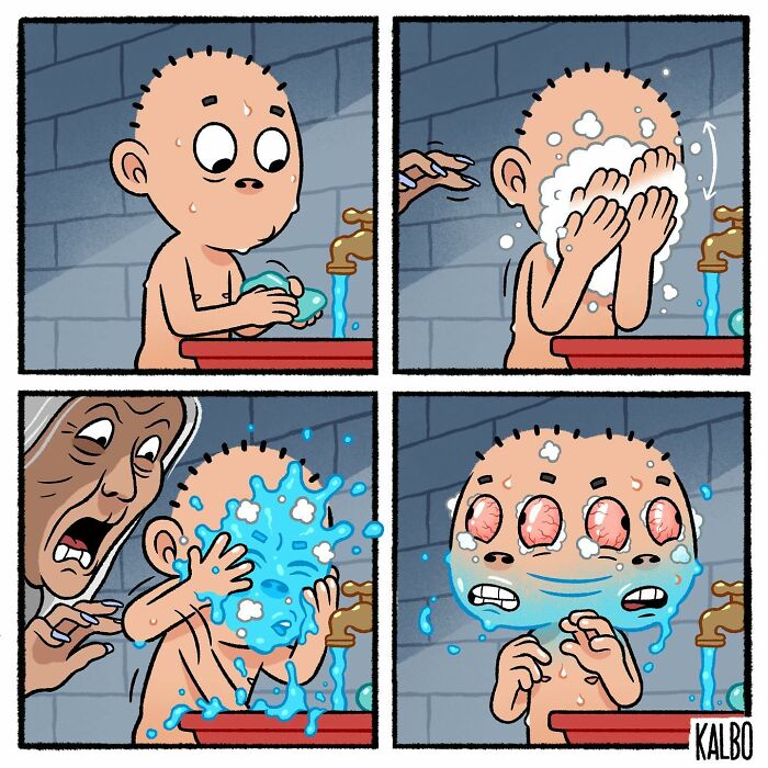 Comic panels by Tarantadong Kalbo showing a humorous story of a boy washing his face and an unexpected splash of water.