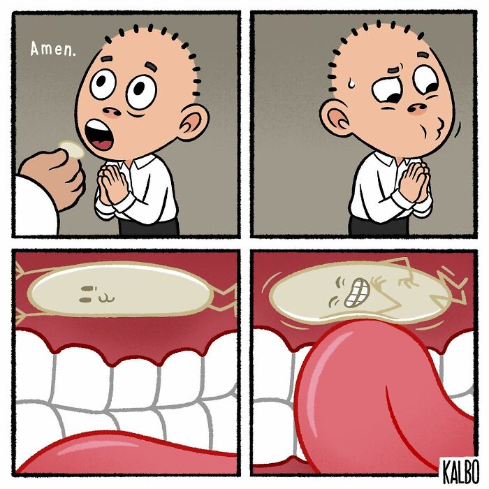Comic by Tarantadong Kalbo showing a humorous and nostalgic moment involving a character praying and a tooth plaque reaction.